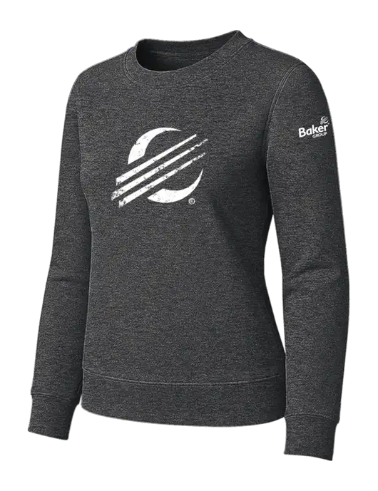 Womens Charcoal Heather Loft Crewneck Sweatshirt w/Baker Distressed Bug Logo, Baker Group Logo