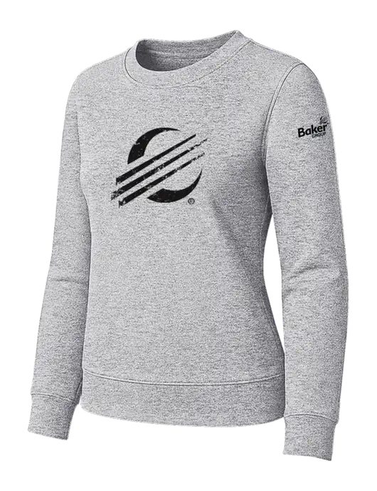 Womens Light Grey Heather Loft Crewneck Sweatshirt w/Baker Distressed Bug Logo, Baker Group Logo