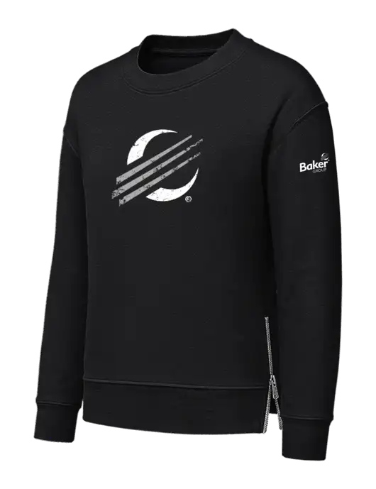 Womens Black Dual Side Zippers Crewneck w/Baker Distressed Bug Logo, Baker Group Logo