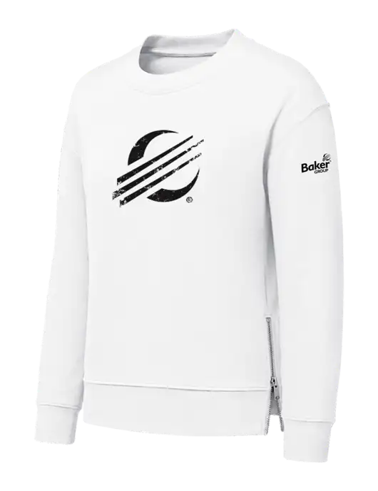 Womens White Dual Side Zippers Crewneck w/Baker Distressed Bug Logo, Baker Group Logo