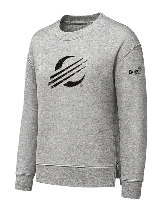 Womens Medium Grey Heather Dual Side Zippers Crewneck w/Baker Distressed Bug Logo, Baker Group Logo