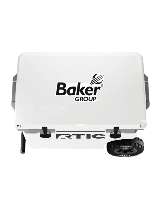 RTIC 52 QT Ultra-Light White Wheeled Cooler w/Baker Group Logo