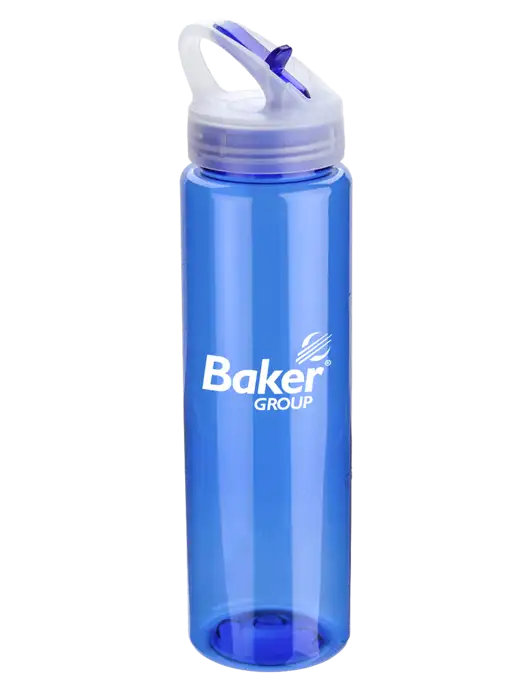 Buddy Blue 32 oz PET Bottle with Flip Lid w/Baker Group Logo