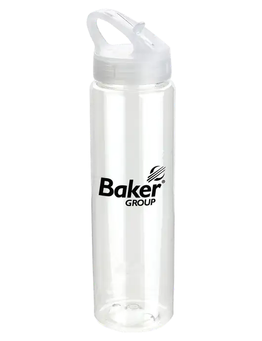 Buddy Clear 32 oz PET Bottle with Flip Lid w/Baker Group Logo