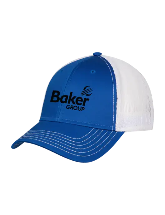 Royal/White Mesh Trucker Cap Snap Back w/Baker Group Logo