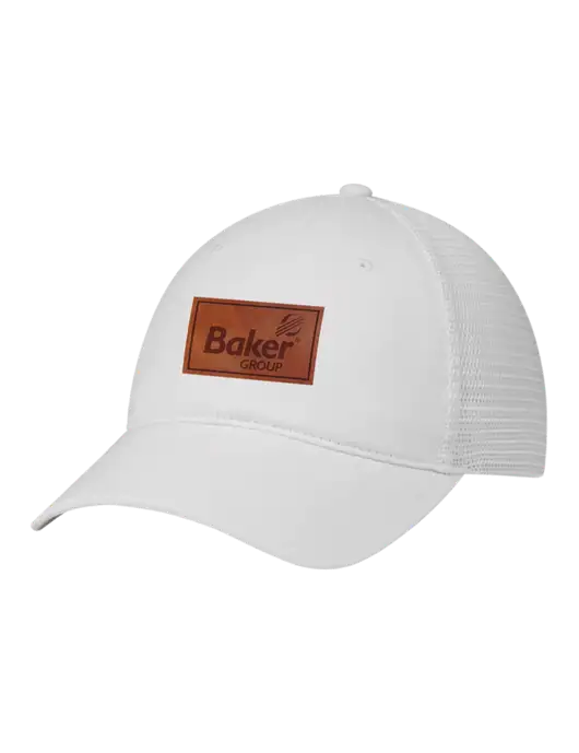 Richardson 111 Garment Washed Trucker Cap White w/White Mesh w/Baker Group Leather Patch Logo