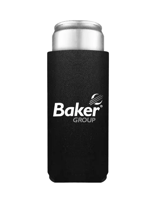 Black 12oz Slim Can Coolie w/Baker Group Logo