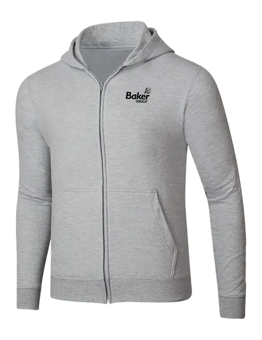 Light Grey Heather 8.5 oz Ring Spun Zip Hooded Sweatshirt w/Baker Group Logo