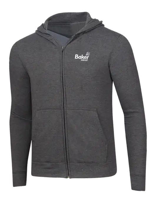 Dark Heather Grey 8.5 oz Ring Spun Zip Hooded Sweatshirt w/Baker Group Logo