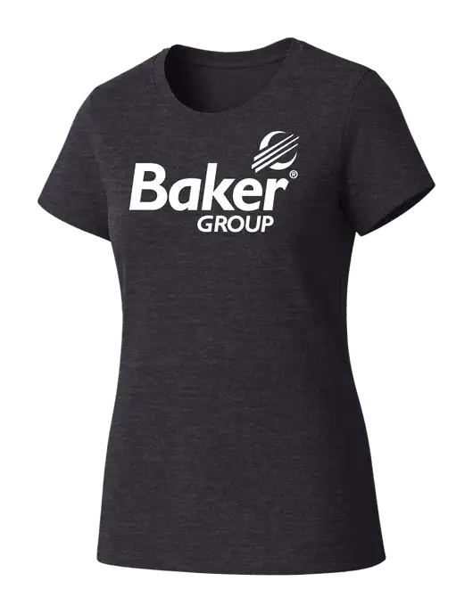 Womens Seriously Soft Heathered Charcoal T-Shirt w/Baker Group Logo
