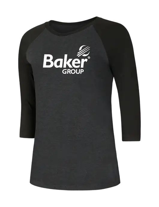 Womens Simply Soft 3/4 Sleeve Black/Black Frost Ring Spun Cotton T-Shirt w/Baker Group Logo