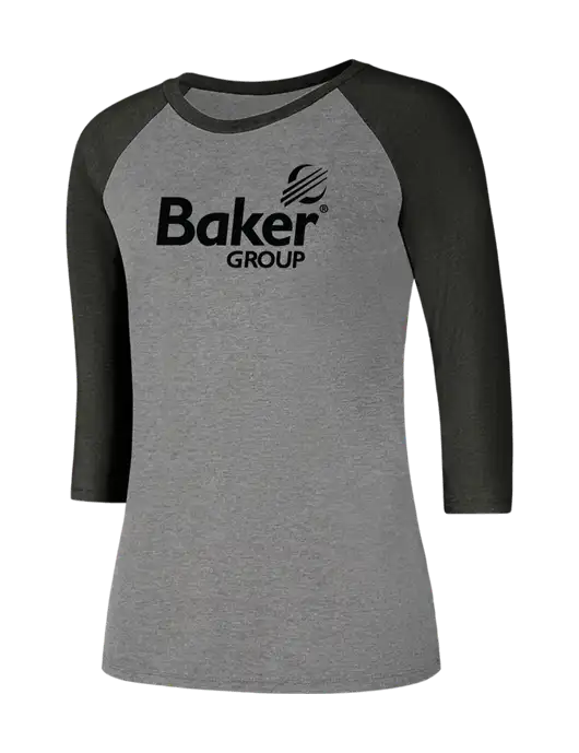 Womens Simply Soft 3/4 Sleeve Black Frost/Grey Frost Ring Spun Cotton T-Shirt w/Baker Group Logo