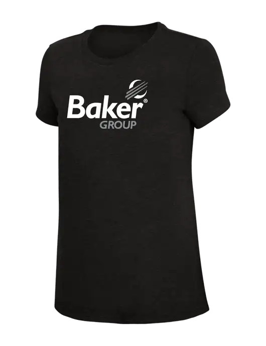 Womens Simply Soft Black 4.5oz Poly/Combed Ring Spun Cotton T-Shirt w/Baker Group Logo