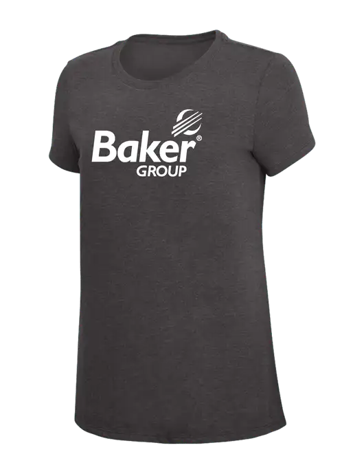 Womens Simply Soft Heather Charcoal 4.5oz  Poly/Combed Ring Spun Cotton T-Shirt w/Baker Group Logo