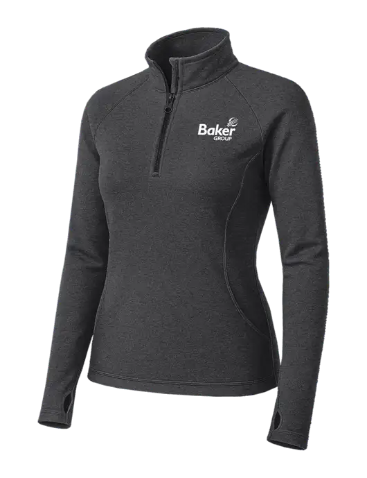 Dark Grey Heather Womens Sport Wick Stretch 1/4 Zip Pullover w/Baker Group Logo