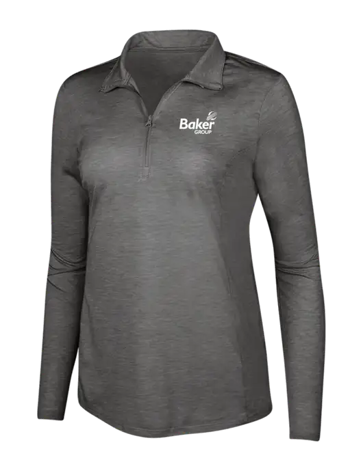 Dark Grey Heather Womens Posicharge Tri-Blend Wicking 1/4 Zip Pullover w/Baker Group Logo