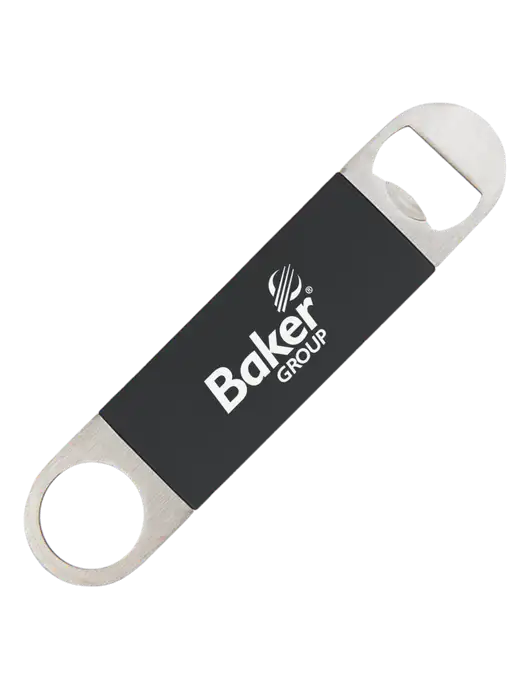 Black Bottle Opener with Silicone Grip w/Baker Group Logo