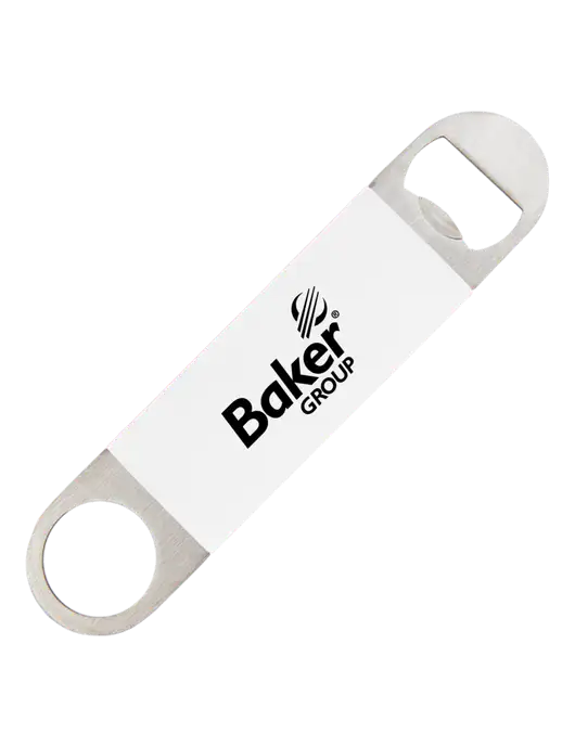 White Bottle Opener with Silicone Grip w/Baker Group Logo