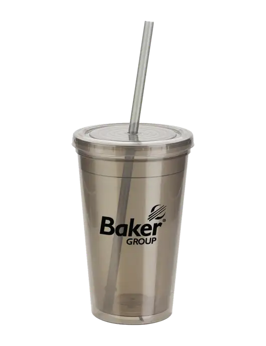 Sorrento Medium Grey 16 oz Tumbler with Lid & Straw w/Baker Group Logo