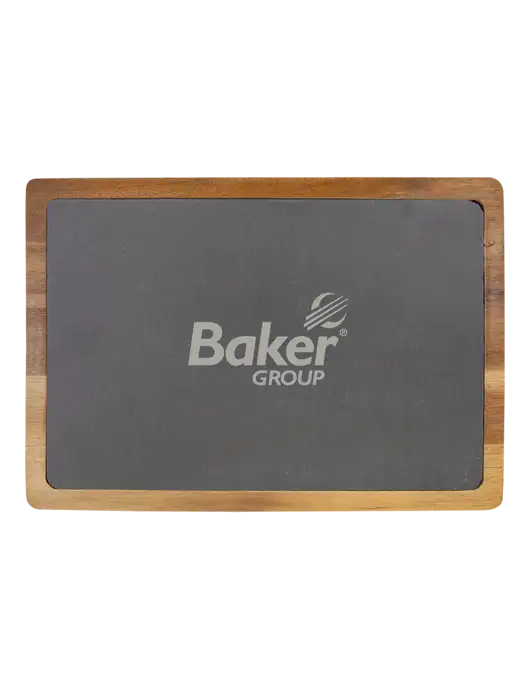 Acacia Wood/Slate Cutting Board, 13 x 9 w/Baker Group Logo